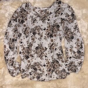 Cream/ grey neutral Floral Women's Blouse great for layer w/ sweaters/ blazers